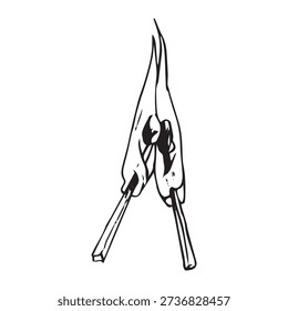 Two burning matches leaning close to each other with tall flames, hand drawn black ink line art illustration in whimsical doodle sketch style, isolated on white background.