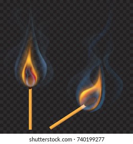 Two burning matches - vertical and inclined with a translucent flame and smoke on transparent background. Transparency only in vector file