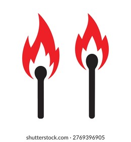 Two burning matchsticks with red flames and black wooden stems on white background