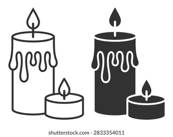two burning wax candles icon set in solid and outline style vector illustration on transparent background