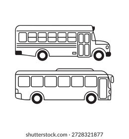 Dos autobuses ilustrados en un estilo minimalista de vista lateral que muestran ventanas, puertas y ruedas detalladas en un diseño moderno y limpio