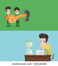 Two business banners with space for text. Vector flat design. Horizontal layout. Businessmen standing in front of keyhole with big key. Business team holding key to success. Businessmen carrying key.