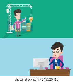 Two business banners with space for text. Vector flat design. Horizontal layout. Sleepy tired businessman yawning while working in office. Exhausted businessman yawning and drinking coffee at work.