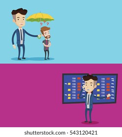 Two business banners with space for text. Vector flat design. Horizontal layout. Businessman talking on mobile phone on the background of display of stock market quotes. Stockbroker at stock exchange.