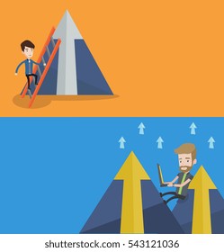 Two business banners with space for text. Vector flat design. Horizontal layout. Businessman climbing the ladder. Happy businessman climbing on mountain. Businessman climbing to the top of arrow.