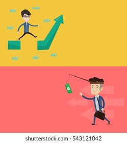 Two business banners with space for text. Vector flat design. Horizontal layout. Tired sweaty businessman trying to catch money on fishing rod. Businessman running for money hanging on fishing rod.