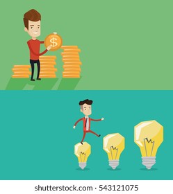 Two business banners with space for text. Vector flat design. Horizontal layout. Smiling businessman in a suit hopping onto idea bulbs. Businessman jumping on idea bulbs. Concept of business idea.
