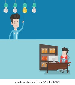 Two business banners with space for text. Vector flat design. Horizontal layout. Satisfied businessman sitting at workplace in the office. Successful businessman relaxing at workplace in the office.