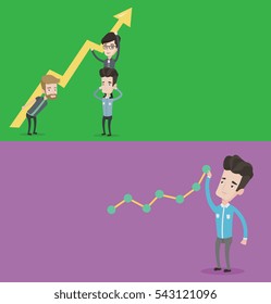 Dos banners comerciales con espacio para el texto. Diseño plano vectorial. Diseño horizontal. Empresario mirando a la gráfica en ascenso. Empresario levantando una gráfica. Hombre tirando una gráfica. Concepto de crecimiento empresarial.