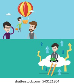Two business banners with space for text. Vector flat design. Horizontal layout. Two employees looking at their successful colleague. Worker flying away in balloon from his less successful colleagues.