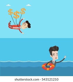 Two business banners with space for text. Vector flat design. Horizontal layout. Businessman flying with dollar signs. Businessman gliding in sky with dollars. Businessman using dollars as parachute.