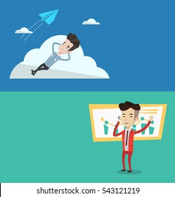 Two business banners with space for text. Vector flat design. Horizontal layout. Young businessman lying on a cloud and looking at flying paper plane. Business man relaxing on a cloud.