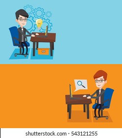 Two business banners with space for text. Vector flat design. Horizontal layout. Businessman working on laptop with idea lightbulb. Businessman having business idea. Successful business idea concept.