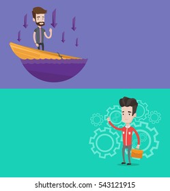 Two business banners with space for text. Vector flat design. Horizontal layout. Businessman asking for help in a sinking boat. Man sinking and arrows pointing down symbolizing business bankruptcy.