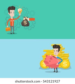 Two business banners with space for text. Vector flat design. Horizontal layout. Successful businessman exchanging his business idea light bulb to money bag. Concept of successful business idea.