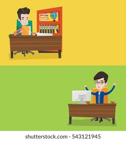 Two business banners with space for text. Vector flat design. Horizontal layout. Office worker working with documents in office. Office worker celebrating with arms up while sitting at workplace.