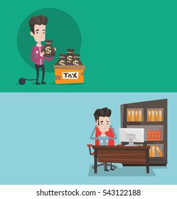 Two business banners with space for text. Vector flat design. Horizontal layout. Chained to a large ball businessman standing near box with bags full of taxes. Concept of tax time and taxpayer.