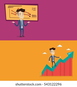 Dos banners comerciales con espacio para el texto. Diseño plano vectorial. Diseño horizontal. Empresario de pie en la tabla de crecimiento. Empresario alegre corriendo a lo largo del gráfico de crecimiento. Concepto de crecimiento empresarial.