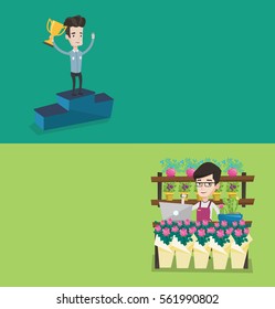 Two business banners with space for text. Vector flat design. Horizontal layout. Young caucasian businessman with business award standing on a pedestal and celebrating. Concept of business award.