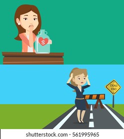 Two business banners with space for text. Vector flat design. Horizontal layout. Business woman looking at empty money box. Business woman sitting at the table with empty money box. Bankruptcy concept