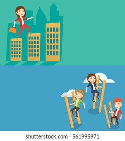 Dos banners comerciales con espacio para el texto. Diseño plano vectorial. Diseño horizontal. Mujer caminando sobre los techos de los edificios de la ciudad. Mujer caminando sobre techos de rascacielos. Mujer de negocios caminando al éxito.