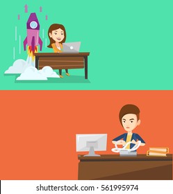 Two business banners with space for text. Vector flat design. Horizontal layout. Caucasian business woman sitting in office and tearing furiously bills. Young angry business woman calculating bills.
