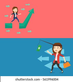 Two business banners with space for text. Vector flat design. Horizontal layout. Money on fishing rod as motivation for woman. Woman motivated by money on fishing rod. Concept of business motivation.