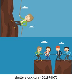 Two business banners with space for text. Vector flat design. Horizontal layout. Competitive business teams pulling rope on cliff. Competition between two teams of business people. Team work concept.