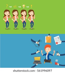 Two business banners with space for text. Vector flat design. Horizontal layout. Caucasian business woman meditating in yoga lotus position. Business woman doing yoga among hands with office things.