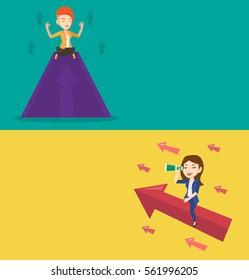 Dos banners comerciales con espacio para el texto. Diseño plano vectorial. Diseño horizontal. Mujer meditando en la montaña con gráfico de crecimiento. Mujer empresaria pensando en el gráfico de crecimiento. Concepto de crecimiento empresarial.