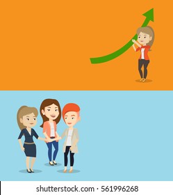 Two business banners with space for text. Vector flat design. Horizontal layout. Caucasian business women joining hands as symbol of partnership. Young business women putting their hands together.
