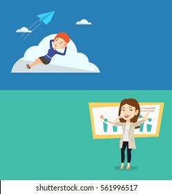 Two business banners with space for text. Vector flat design. Horizontal layout. Young caucasian business woman lying on a cloud and looking at flying paper plane. Business woman relaxing on a cloud.