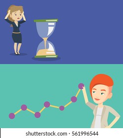 Two business banners with space for text. Vector flat design. Horizontal layout. Businesswoman looking at hourglass symbolizing deadline. Business woman worrying about deadline terms. Deadline concept