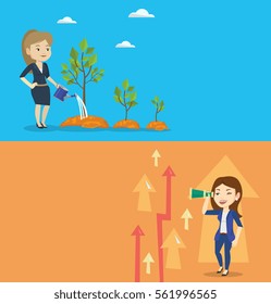 Two business banners with space for text. Vector flat design. Horizontal layout. Woman watering trees of three sizes. Woman watering plants with watering can. Business growth and investment concept