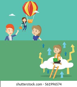 Two business banners with space for text. Vector flat design. Horizontal layout. Two employees looking at their successful colleague. Worker flying away in balloon from her less successful colleagues.