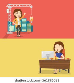 Two business banners with space for text. Vector flat design. Horizontal layout. Sleepy tired businesswoman yawning while working in office. Exhausted businesswoman yawning and drinking coffee at work
