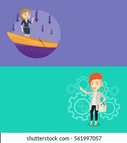 Two business banners with space for text. Vector flat design. Horizontal layout. Businesswoman asking for help in a sinking boat. Woman sinking and arrows pointing down symbolizing business bankruptcy