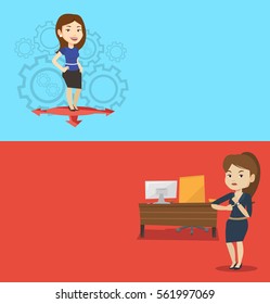 Two business banners with space for text. Vector flat design. Horizontal layout. Business woman thinking between three alternative options. Business woman choosing between three different options.