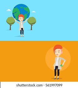 Two business banners with space for text. Vector flat design. Horizontal layout. Business woman putting money bribe in her pocket. Business woman hiding money bribe in jacket pocket. Bribery concept.