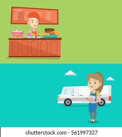 Dos banners comerciales con espacio para el texto. Diseño plano vectorial. Diseño horizontal. Joven panadería que ofrece pasteles diferentes. Trabajador de panadería parado detrás del mostrador. Baker trabajando en la panadería.