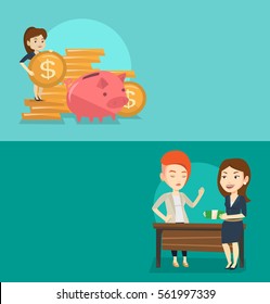 Two business banners with space for text. Vector flat design. Horizontal layout. Business woman putting money in a big piggy bank. Business woman saving her money in a piggy bank. Saving money concept