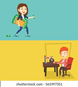 Two business banners with space for text. Vector flat design. Horizontal layout. Woman walking with briefcase full of money and committing economic crime. Woman stealing money. Economic crime concept.