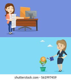 Two business banners with space for text. Vector flat design. Horizontal layout. Business woman watering financial flower. Woman investing in future financial safety. Woman taking care of finances.