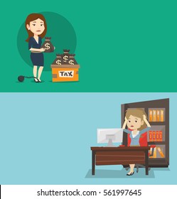 Zwei Business-Banner mit Platz für Text. Vektorflachdesign. Horizontales Layout. Ketten zu einer großen Ball Geschäftsfrau in der Nähe von Box mit Taschen voller Steuern. Konzept der Steuerzeit und des Steuerzahlers.