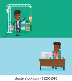 Two business banners with space for text. Vector flat design. Horizontal layout. Sleepy tired businessman yawning while working in office. Exhausted businessman yawning and drinking coffee at work.