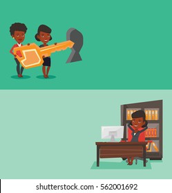 Dos banners comerciales con espacio para el texto. Diseño plano vectorial. Diseño horizontal. Empresario satisfecho sentado en el lugar de trabajo en la oficina. Mujer de negocios relajada relajándose en el lugar de trabajo en el cargo.