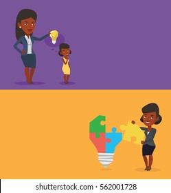 Two business banners with space for text. Vector flat design. Horizontal layout. Business woman giving idea to her partner. Woman holding light bulb over head of her collegue. Business idea concept.