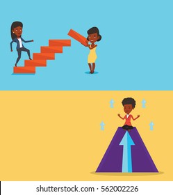 Two business banners with space for text. Vector flat design. Horizontal layout. African-american businesswoman doing yoga on mountain with arrow going up. Businesswoman meditating in yoga lotus pose.