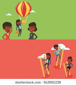 Dos banners comerciales con espacio para el texto. Diseño plano vectorial. Diseño horizontal. Mujeres de negocios afroamericanas trepando por las escaleras. Mujeres de negocios trepando en la nube. Mujeres de negocios alcanzando el éxito