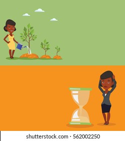 Two business banners with space for text. Vector flat design. Horizontal layout. Woman looking at hourglass symbolizing deadline. Woman worrying about deadline terms. Time management, deadline concept